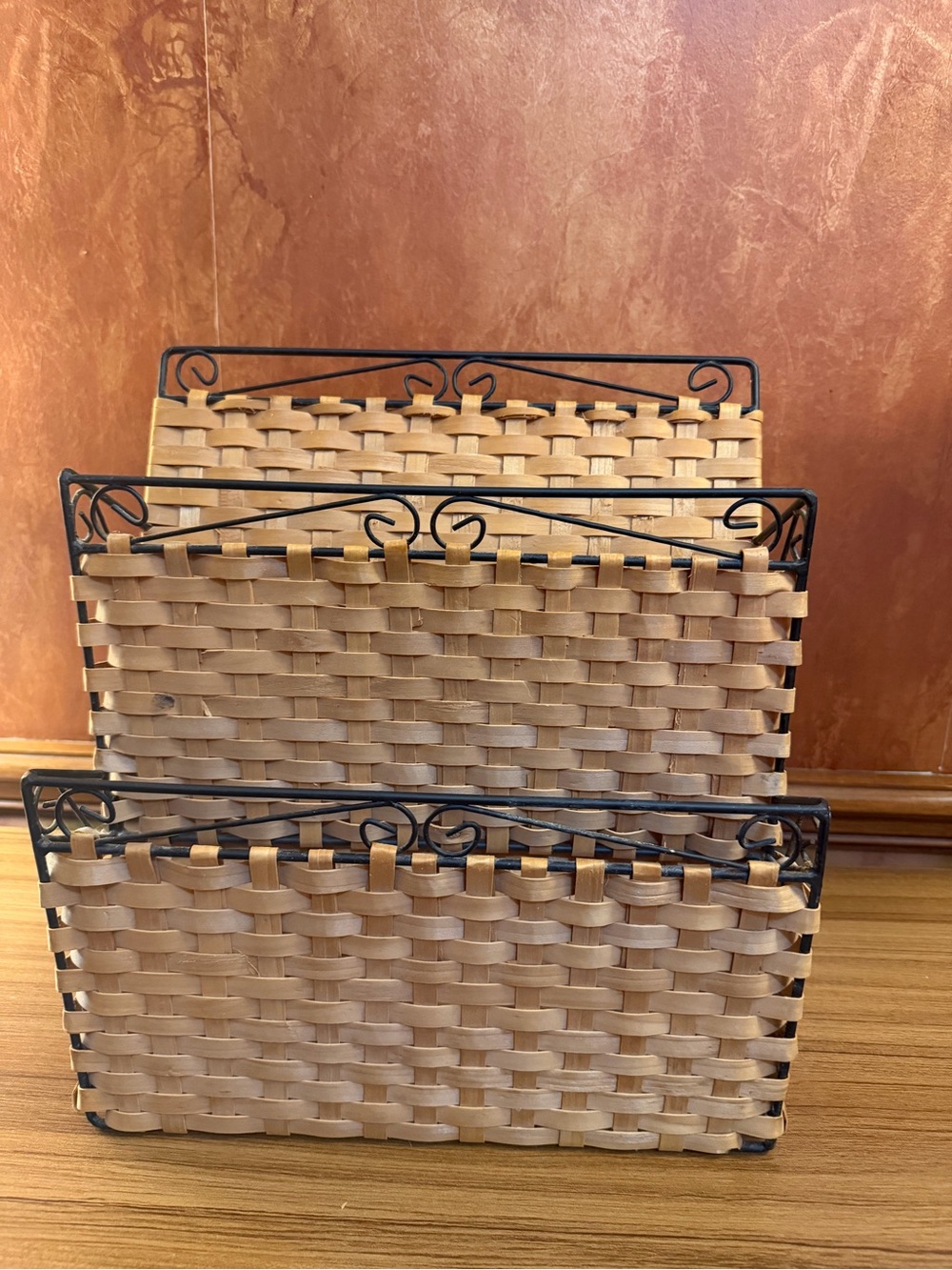 Vintage Woven Wicker Rattan Wall Mail Organizer Letter Caddy Wrought Iron 3 Tier
